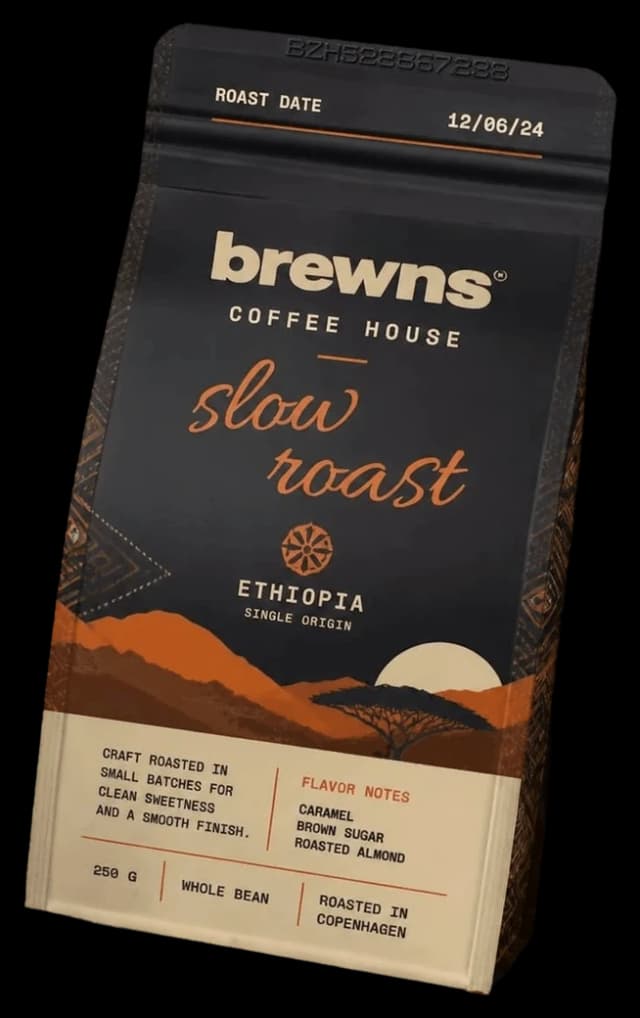 A brewns Ethiopia single origin bag with an orange mountain landscape